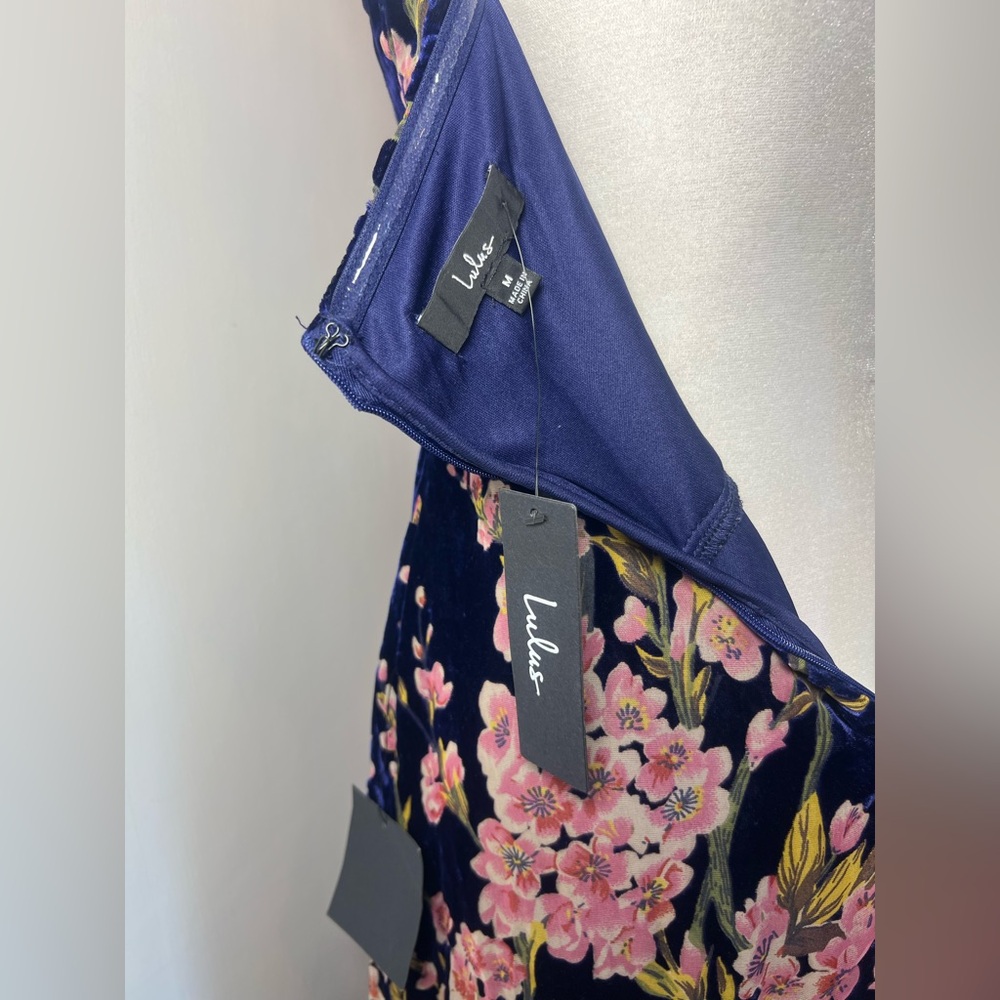 Bloom In Mind Navy Blue Floral Print Velvet Strapless Maxi Dress *Damaged - Picture 12 of 14
